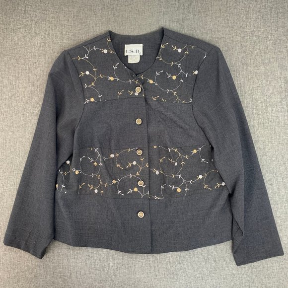 I.S.B. inc Vintage Gray Button Down Jacket 18W Shoulder Pads Beautiful Floral - Picture 1 of 14